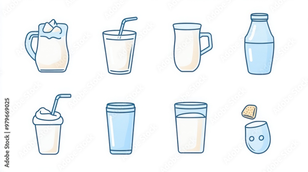 Milk and Cream thin line icon set. Containing whole milk, skim milk, heavy cream, half-and-half, flavored milk, and lactose-free milk Milk and Cream thin line icon set. Containing whole milk, skim milk, heavy cream, half-and-half, flavored milk, and lactose-free milk