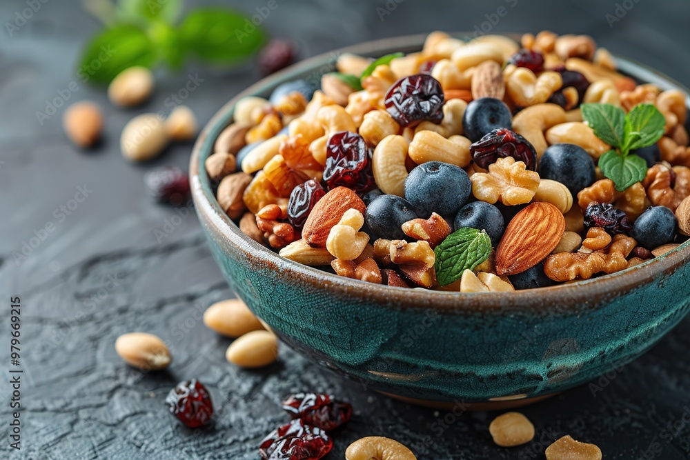 A bowl of mixed nuts and berries on a table A bowl of mixed nuts and berries on a table