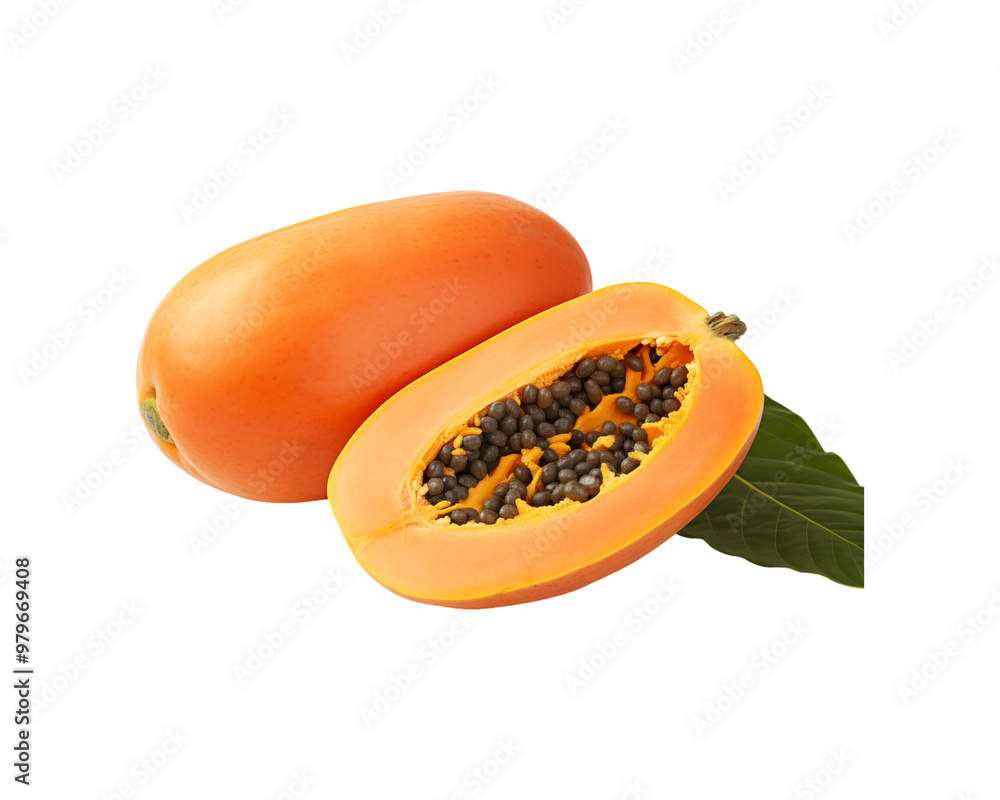 Fresh papaya fruit, one whole and one sliced, showcasing their vibrant colors and black seeds. Perfect for food blogs or health articles Fresh papaya fruit, one whole and one sliced, showcasing their vibrant colors and black seeds. Perfect for food blogs or health articles
