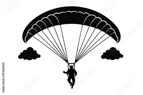 Paraglider in the Sky Silhouette Vector, Paragliding Adventure Illustration, Parachute Design, Free-flying Glider Art