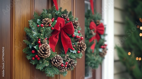 Beautiful holiday wreath adorned with pinecones and red bow, perfect for festive season decoration and home ambiance.