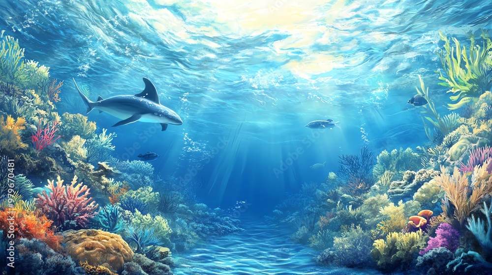 Breathtaking underwater scene showcasing vibrant coral reefs and a majestic shark swimming gracefully in clear blue waters. Breathtaking underwater scene showcasing vibrant coral reefs and a majestic shark swimming gracefully in clear blue waters.