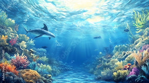 Breathtaking underwater scene showcasing vibrant coral reefs and a majestic shark swimming gracefully in clear blue waters.