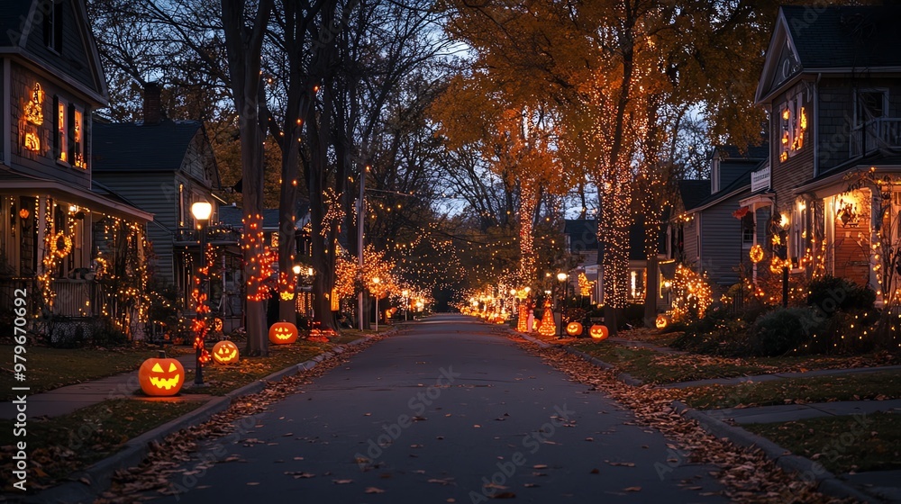 Obraz premium Charming Halloween street adorned with festive lanterns and glowing pumpkins, creating a magical autumn evening atmosphere.