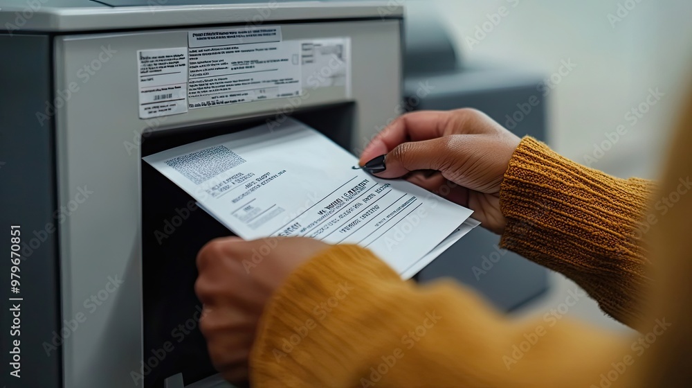 Naklejka premium A Person's Hand Inserting a Paper Document into a Machine