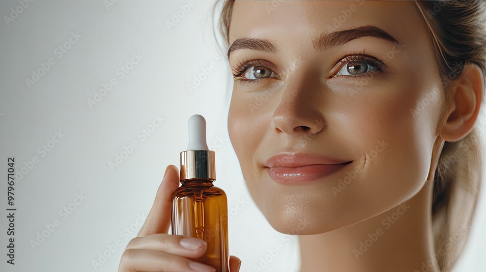 A woman with flawless skin gently applying a facial serum, standing against a clean white studio backdrop, emphasizing the importance of skincare products.The cream bottle has no text. A woman with flawless skin gently applying a facial serum, standing against a clean white studio backdrop, emphasizing the importance of skincare products.The cream bottle has no text.