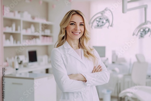 Smiling female dentist in a modern, bright dental office, showcasing a friendly and professional healthcare environment.