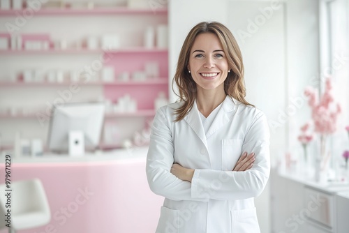Free Download A confident female pharmacist smiles and poses in a modern, well-organized pharmacy with shelves of medical supplies. - GFXLoad
