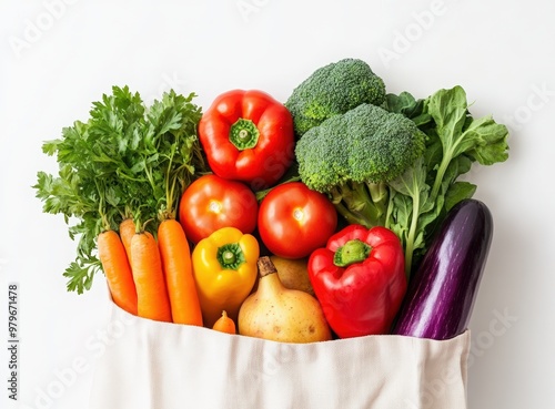  Top view of a paper bag filled with vegetables on a white background, in a flat lay arrangement. Space for text. The concept of healthy eating and shopping in the supermarket. online delivery service