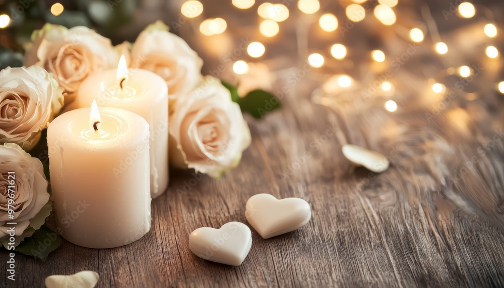 A charming romantic scene with glowing candles and heart-shaped decor on a wooden table, surrounded by delicate roses and soft lighting. A charming romantic scene with glowing candles and heart-shaped decor on a wooden table, surrounded by delicate roses and soft lighting.