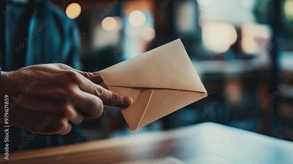 A Hand Holding a Folded Envelope in a Cafe Setting A Hand Holding a Folded Envelope in a Cafe Setting