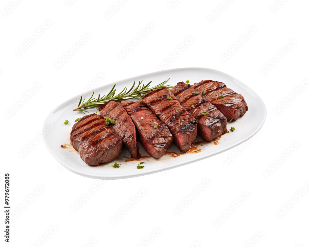 Sliced grilled steak on a white plate with rosemary and peppercorns. Perfect for food blogs, restaurant menus, and recipe books. Generative AI Sliced grilled steak on a white plate with rosemary and peppercorns. Perfect for food blogs, restaurant menus, and recipe books. Generative AI