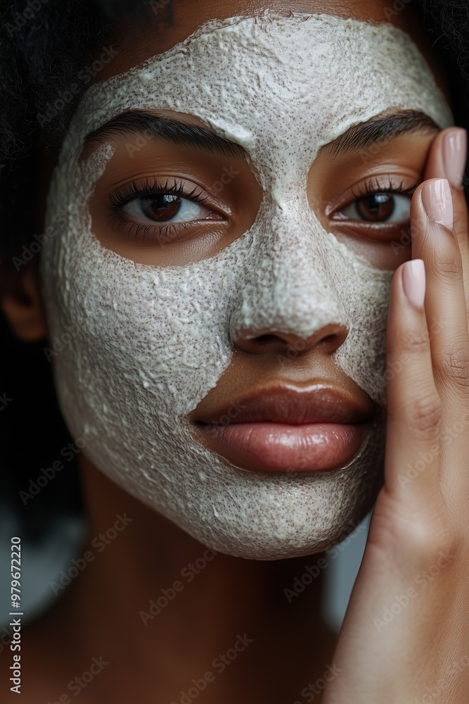 Fototapeta premium A close-up portrait of a woman with a facial mask, highlighting skincare and beauty treatment.
