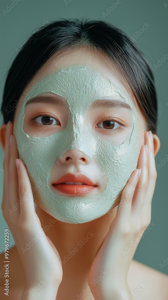 Close-up of a woman applying a green facial mask for skincare and pampering. Close-up of a woman applying a green facial mask for skincare and pampering.