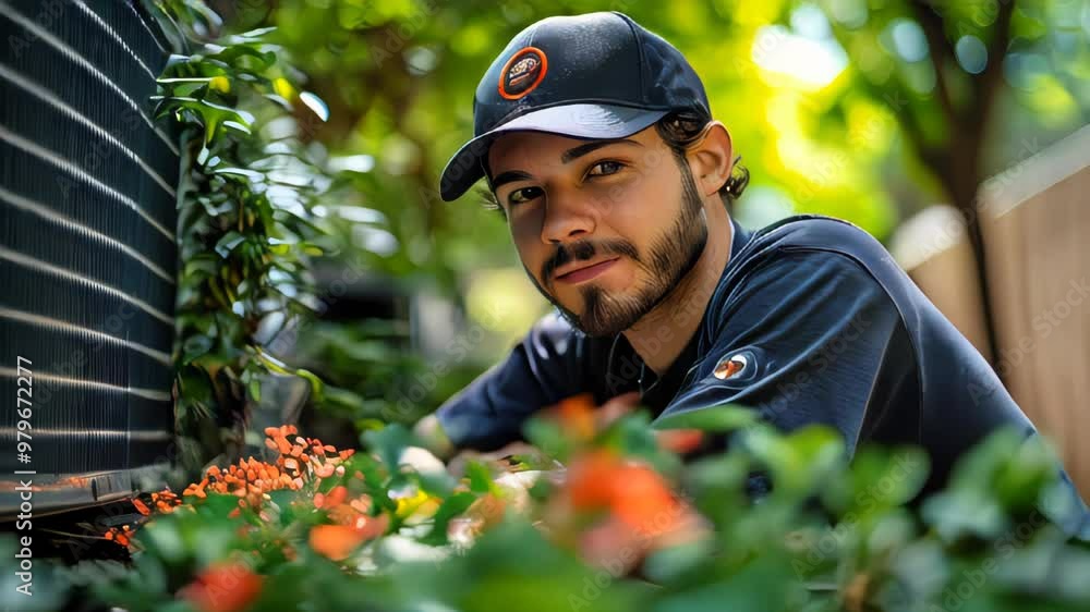 HVAC technician working outdoors near an air conditioner, surrounded by nature and bright flowers HVAC technician working outdoors near an air conditioner, surrounded by nature and bright flowers