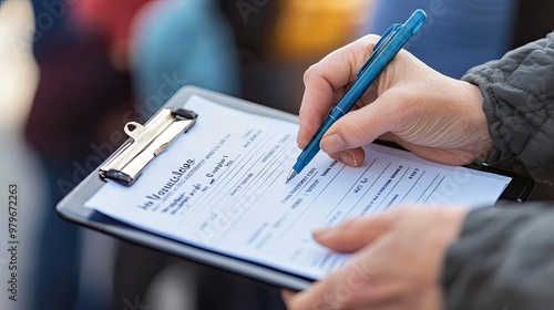 Person filling out a form on a clipboard with a blue pen photo