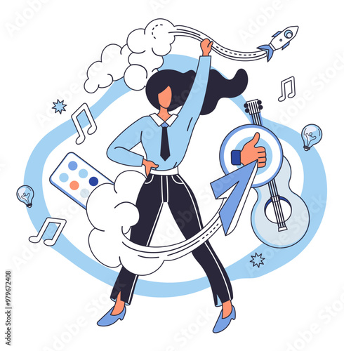 Artistic imagination vector illustration. Artistic imagination unfurls its wings, carrying artist into realm where ideas materialize into art Creativity is silent companion as artist navigates