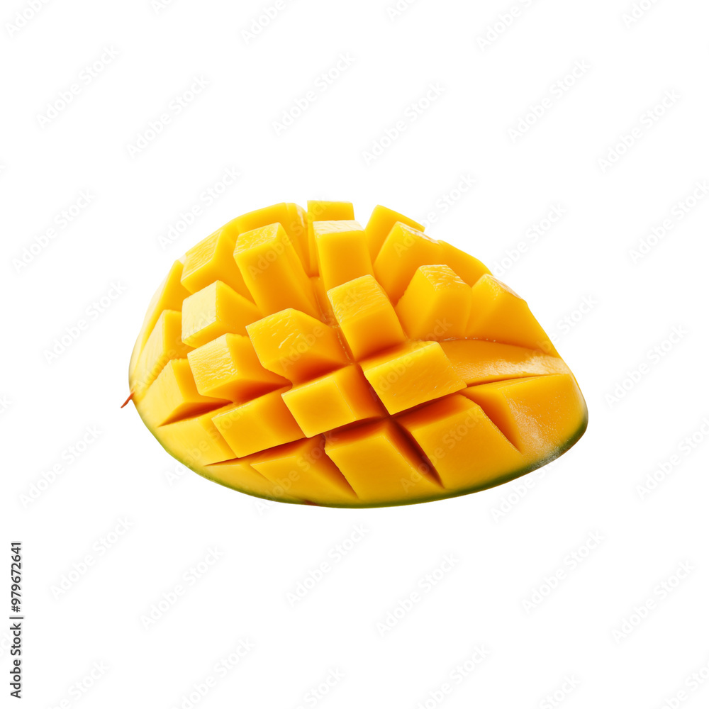 Half yellow mango diced on a white background, perfect for food blogs, recipe books, or tropical fruit advertisements and packaging designs. Generative AI Half yellow mango diced on a white background, perfect for food blogs, recipe books, or tropical fruit advertisements and packaging designs. Generative AI