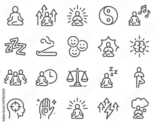 Simple Set of Meditation Related Vector Line Icons. Contains such Icons as Mindfulness, Balance, Group Meditation Session and more. Editable Stroke.