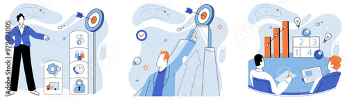 Strategic planning. Vector illustration. Overcoming difficulties during planning process strengthens strategy Generating novel ideas fuels strategic goal attainment Setting ambitious targets