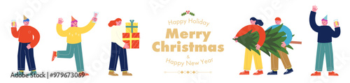 Jolly friends enjoying a party together to celebrate the New Year and Christmas. Young people holding drinks and toasting. Cartoon character vector illustration