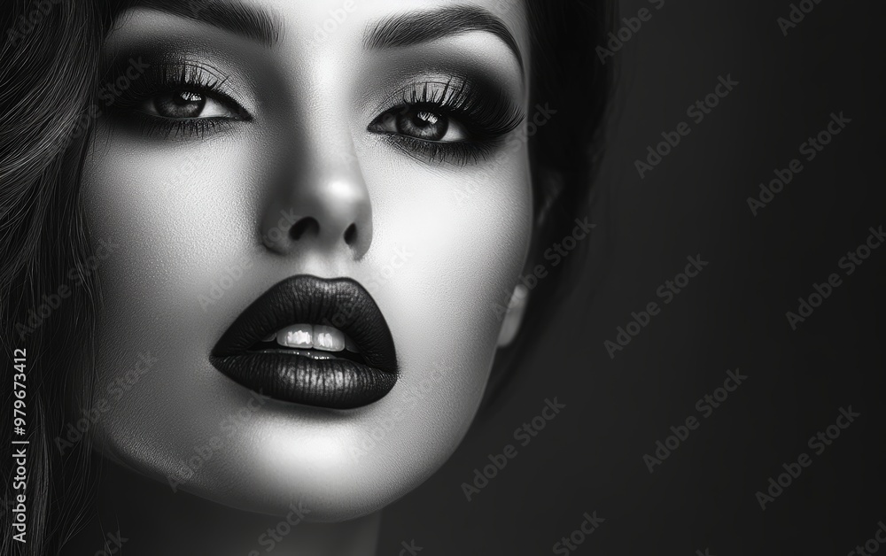 Fototapeta premium Beautiful makeup of a very attractive woman on a monochrome background as in a photo studio. Studio soft light.