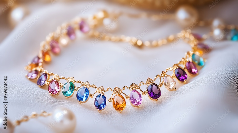 Obraz premium Elegant gold bracelet adorned with colorful gemstones resting gracefully on a soft fabric background.