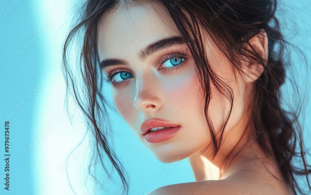 Beautiful makeup of a very attractive woman on a color background as in a photo studio. Studio soft light. Beautiful makeup of a very attractive woman on a color background as in a photo studio. Studio soft light.