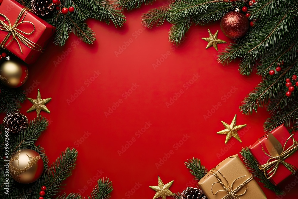 Christmas frame. Gift boxes with Xmas tree branches, golden stars and baubles on red background. Flat lay, top view, copy space. Christmas banner mockup, festive website header template Christmas frame. Gift boxes with Xmas tree branches, golden stars and baubles on red background. Flat lay, top view, copy space. Christmas banner mockup, festive website header template