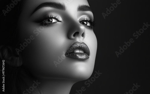 Beautiful makeup of a very attractive woman on a monochrome background as in a photo studio. Studio soft light.