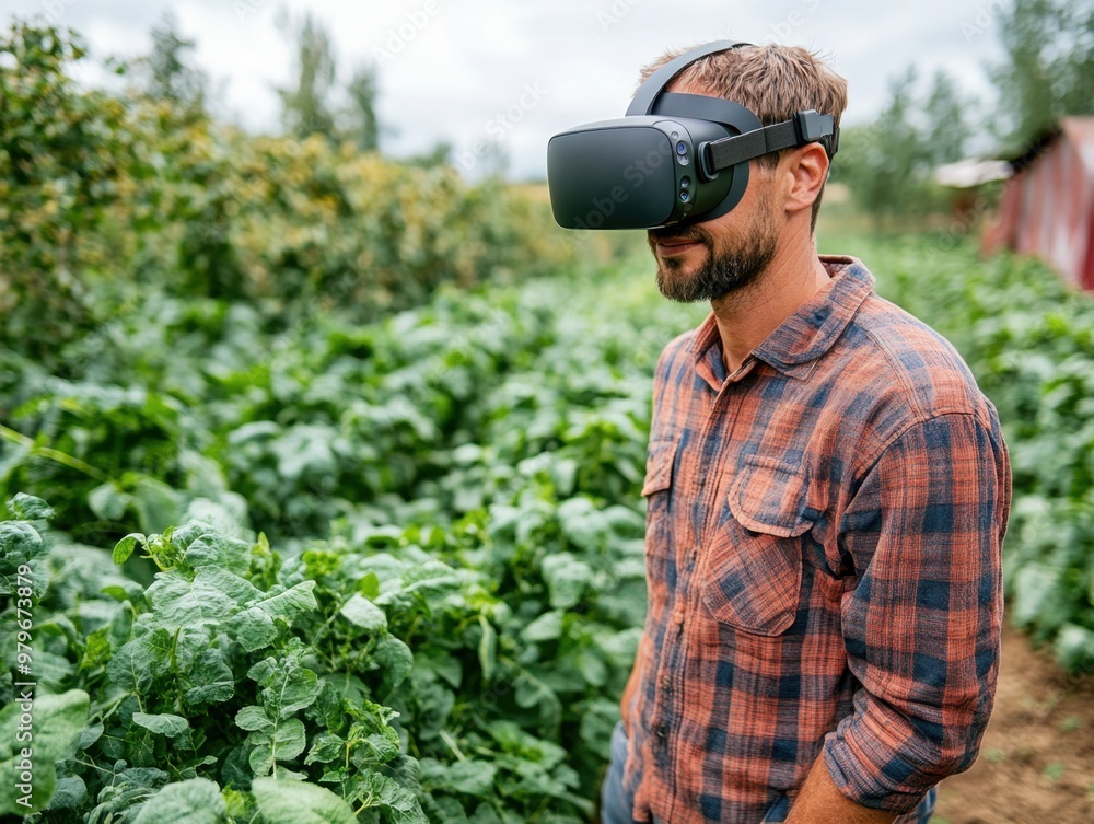 Fototapeta premium Farmer Using Virtual Reality Goggles to Plan Sustainable Crop Rotation for Precision Farming