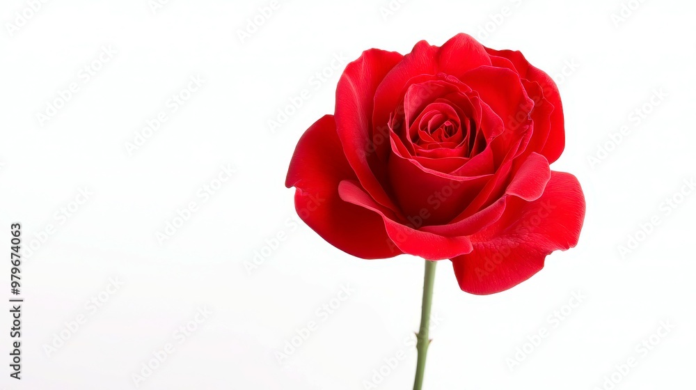 Fototapeta premium Elegant red rose in full bloom, showcasing vibrant petals, delicate green leaves, set against a smooth, neutral backdrop emphasizing its beauty and grace