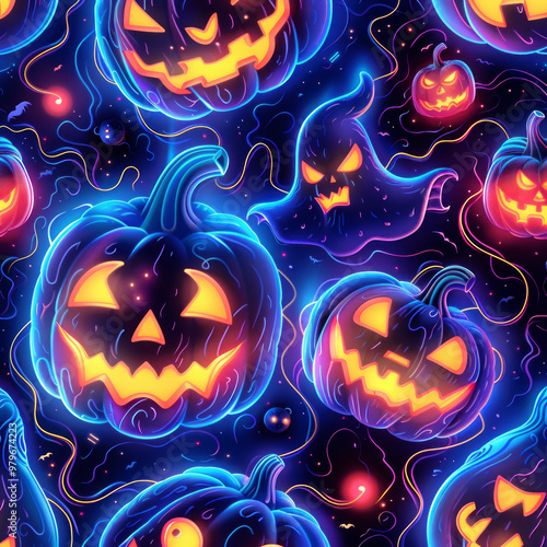 Seamless Halloween neon pattern background. AI generative