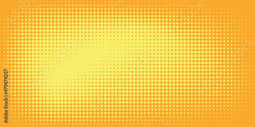 Yellow orange halftone pattern. Retro comic gradient background. Square pixilated dot cartoon texture. Pop art faded gradient pattern