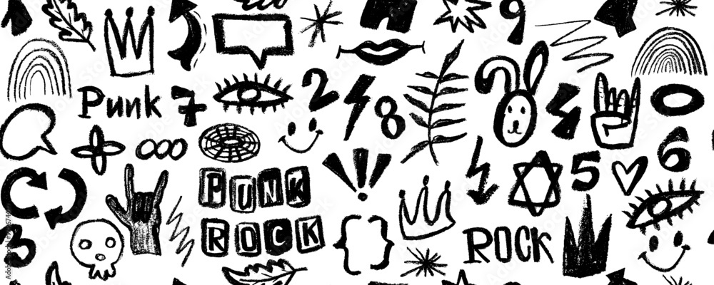 Vector seamless pattern with charcoal graffiti doodle punk and geometric shapes . Hand drawn abstract scribbles and squiggles, creative various shapes, pencil drawn icons. Vector seamless pattern with charcoal graffiti doodle punk and geometric shapes . Hand drawn abstract scribbles and squiggles, creative various shapes, pencil drawn icons.