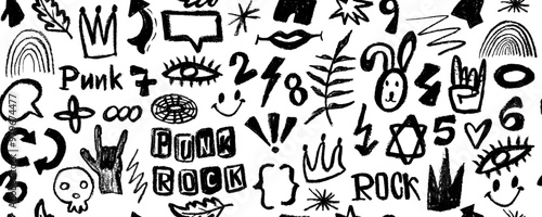 Vector seamless pattern with charcoal graffiti doodle punk and geometric shapes . Hand drawn abstract scribbles and squiggles, creative various shapes, pencil drawn icons.