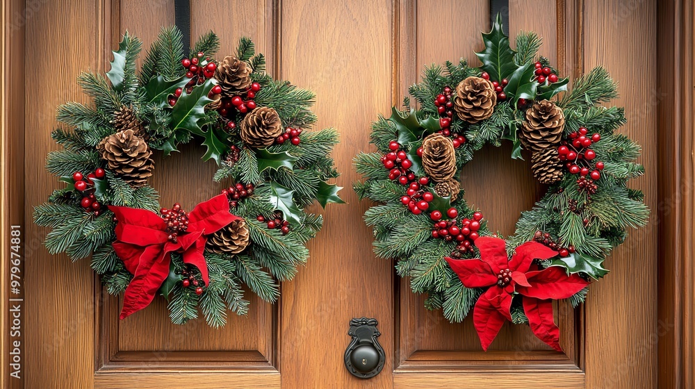 Festive holiday wreaths adorned with pine cones and red ribbons, perfect for seasonal home decoration. Festive holiday wreaths adorned with pine cones and red ribbons, perfect for seasonal home decoration.