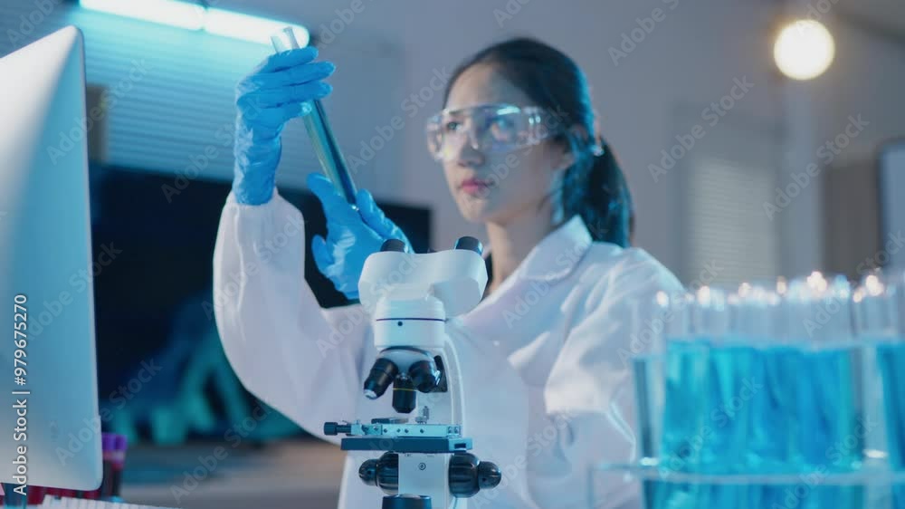 Female scientists drop and swing mix chemical a bottle test tube in ...