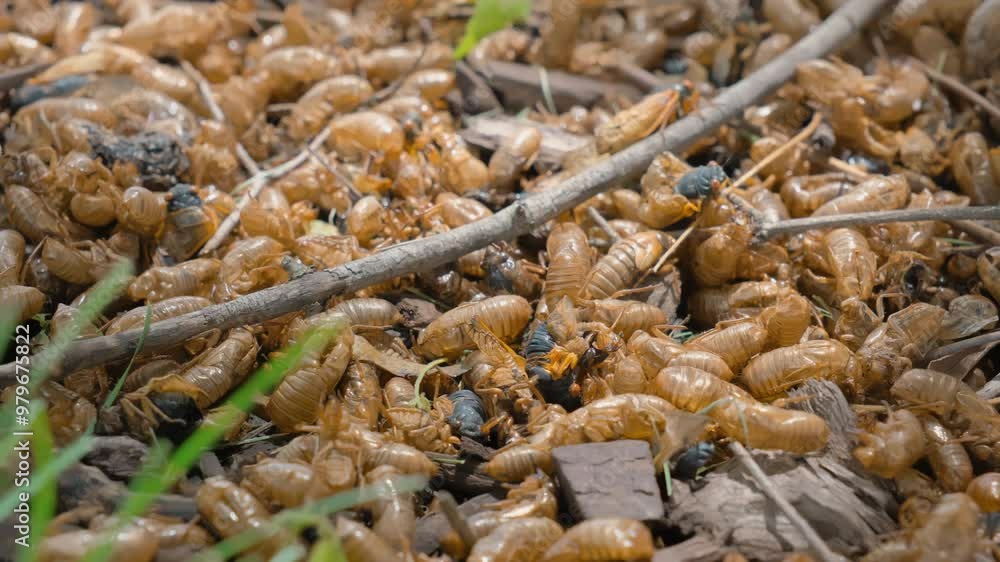 Many cicadas emerging from ground. Close up view move camera Many cicadas emerging from ground. Close up view move camera