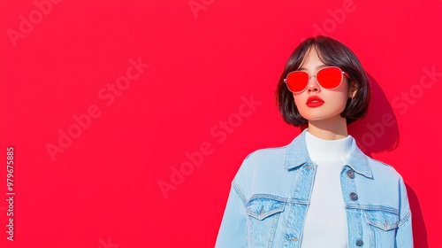 Chic Denim Elegance, A stylish young woman showcases contemporary denim fashion against a vibrant backdrop, embodying modern trends with a confident and effortless appeal