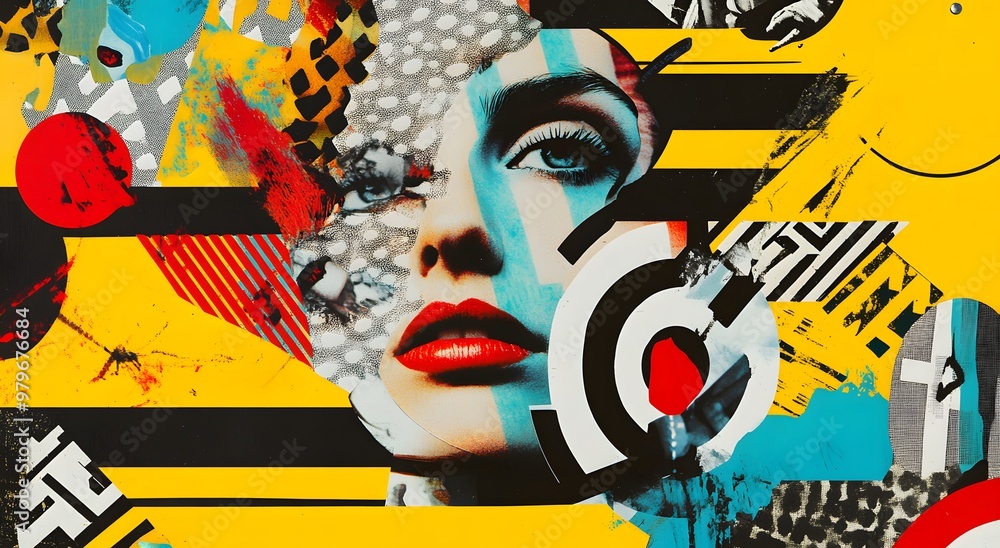 Fototapeta premium A high-contrast art dynamic collage of various abstract shapes, architectural drawings in vibrant colors. Concept illustrating brand positioning strategies with a circular goal at the center