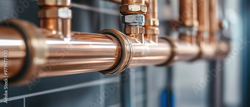 Close-up of copper plumbing pipes with fittings and seals, indicating plumbing infrastructure.