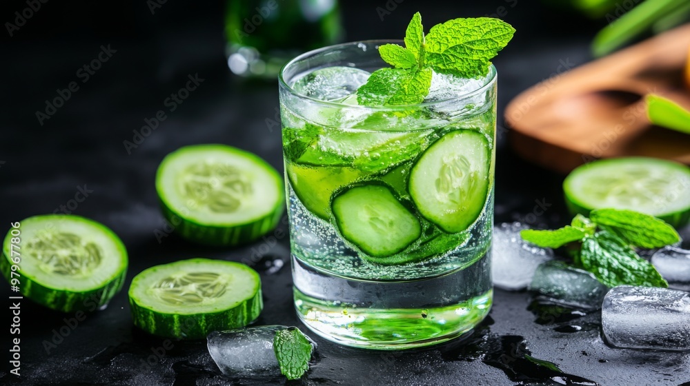 A refreshing drink made with cucumber and mint served in a glass with ice. A refreshing drink made with cucumber and mint served in a glass with ice.