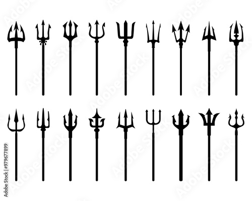 Set of tridents, black silhouettes on a white background	