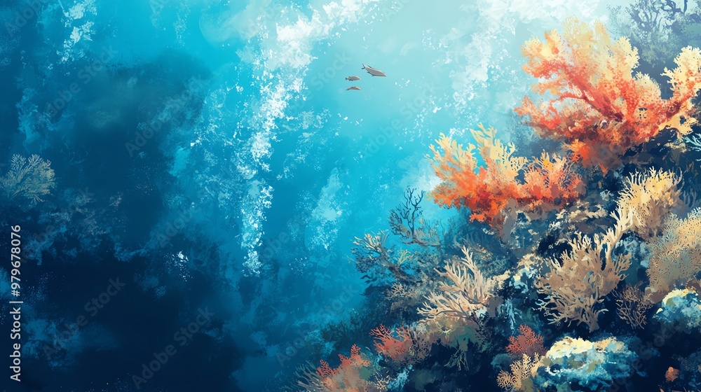 Fototapeta premium Vibrant underwater scene showcasing colorful coral reefs and clear blue water, teeming with marine life and tranquility.