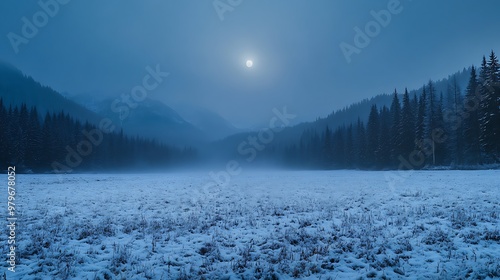 A serene winter landscape under a full moon, enveloped in fog and snow, with mountains in the background.