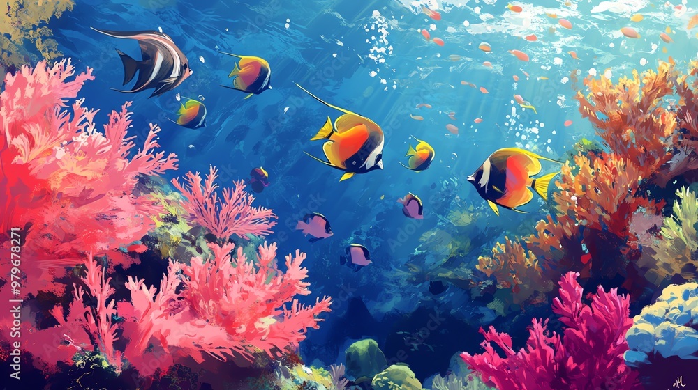 Fototapeta Vibrant underwater scene showcasing colorful fish swimming among lush coral reefs in a clear blue ocean.