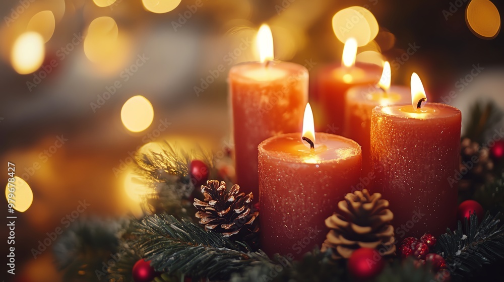 Warm and inviting Christmas candles surrounded by pine cones and greenery, glowing softly against a festive bokeh background. Warm and inviting Christmas candles surrounded by pine cones and greenery, glowing softly against a festive bokeh background.