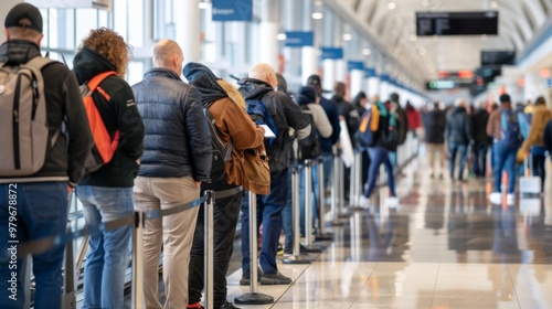 line of passengers waiting at the gate of an airport, generative ai