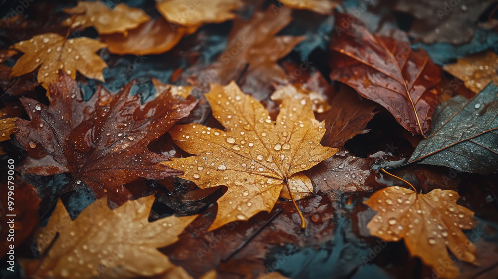 A close-up of wet autumn leaves on the ground, showcasing vibrant colors and textures. A close-up of wet autumn leaves on the ground, showcasing vibrant colors and textures.